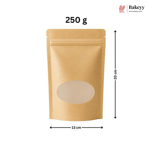 A kraft paper stand-up pouch with a die-cut window on the front, shown with dimension arrows and text indicating 250 g, 20 cm height, and 13 cm width. A Bakeey logo appears in the top right corner.