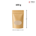 A kraft paper stand-up pouch with a die-cut oval window, shown with dimension arrows indicating 11 cm width and 35 cm height, with '100 g' text above on a white background. The Bakeey logo appears in the top right.