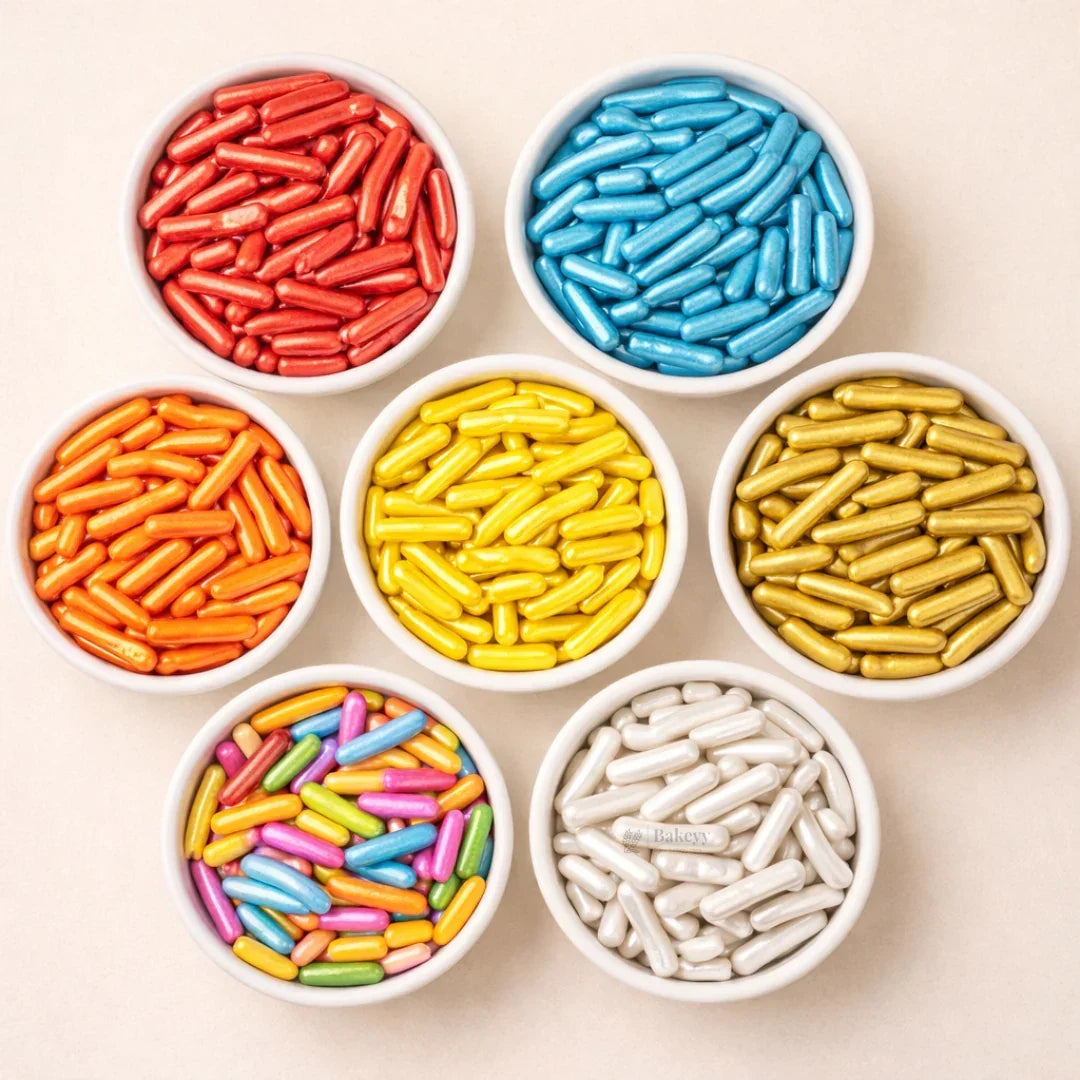 Rod Shape Sugar Confetti | Edible Cake & Dessert Decorations | Multiple Colors Available | Metallic Finish | 200 gm - Bakeyy.com - India - Rod Shape Sugar Confetti | Edible Cake & Dessert Decorations | Multiple Colors Available | Metallic Finish | 200 gm - Multicolor 170.00