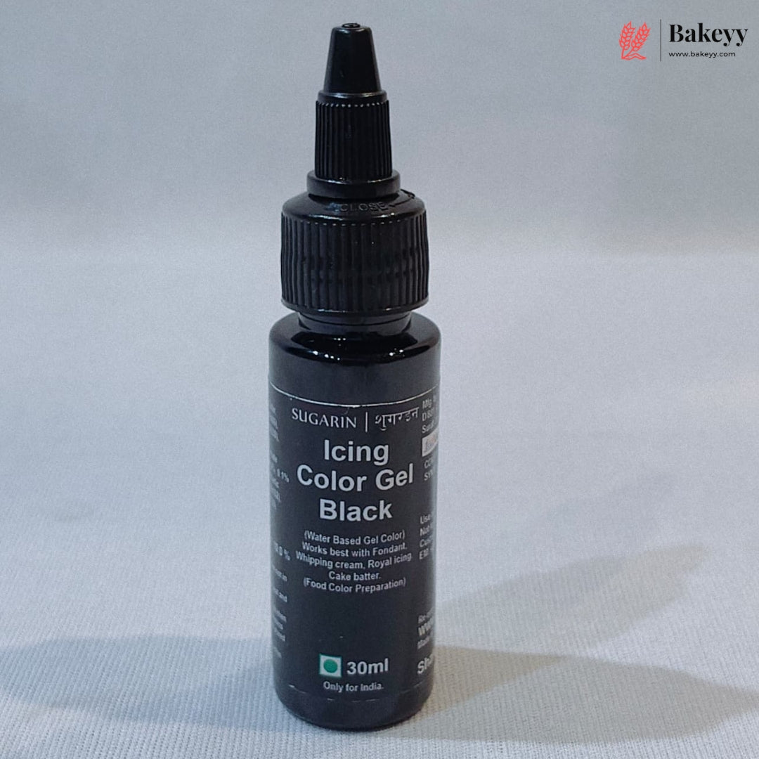 A 30ml bottle of Sugarin Black Icing Color Gel on a light gray textured background. The bottle is black with a matching black dropper cap, and the brand logo 'Bakeey' is visible in the top right corner.