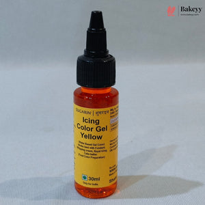 A 30ml bottle of SUGARIN Icing Color Gel Yellow with orange gel visible through the clear bottle, a yellow label, and a black dropper cap, set against a light gray background.