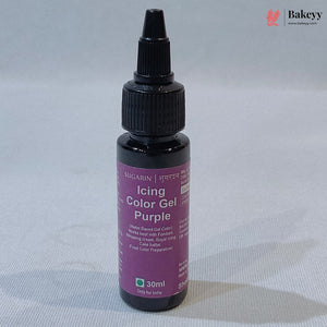 A 30ml bottle of SUGARIN Icing Color Gel in Purple, featuring a black plastic dropper cap and a purple label, set against a light gray fabric background.