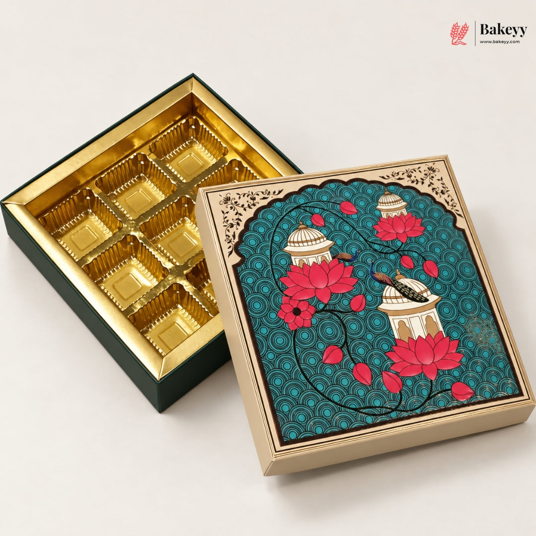Teal Lotus & Dome Printed Sweet & Chocolate Gift Box | With & Without Cavity | Multiple Capacities | Pack of 4