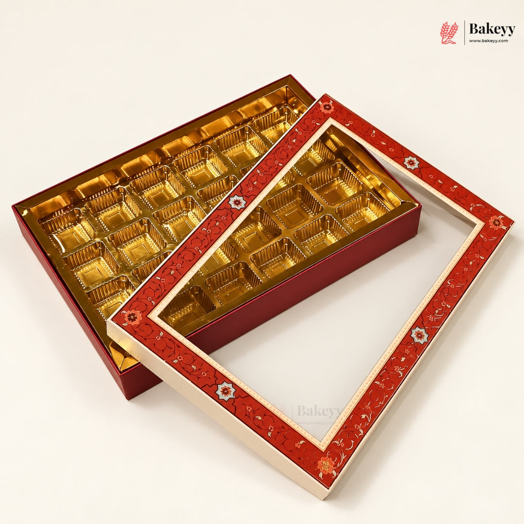 Red Floral Border Window Sweet & Chocolate Gift Box | With & Without Cavity | Multiple Capacities | Pack of 4
