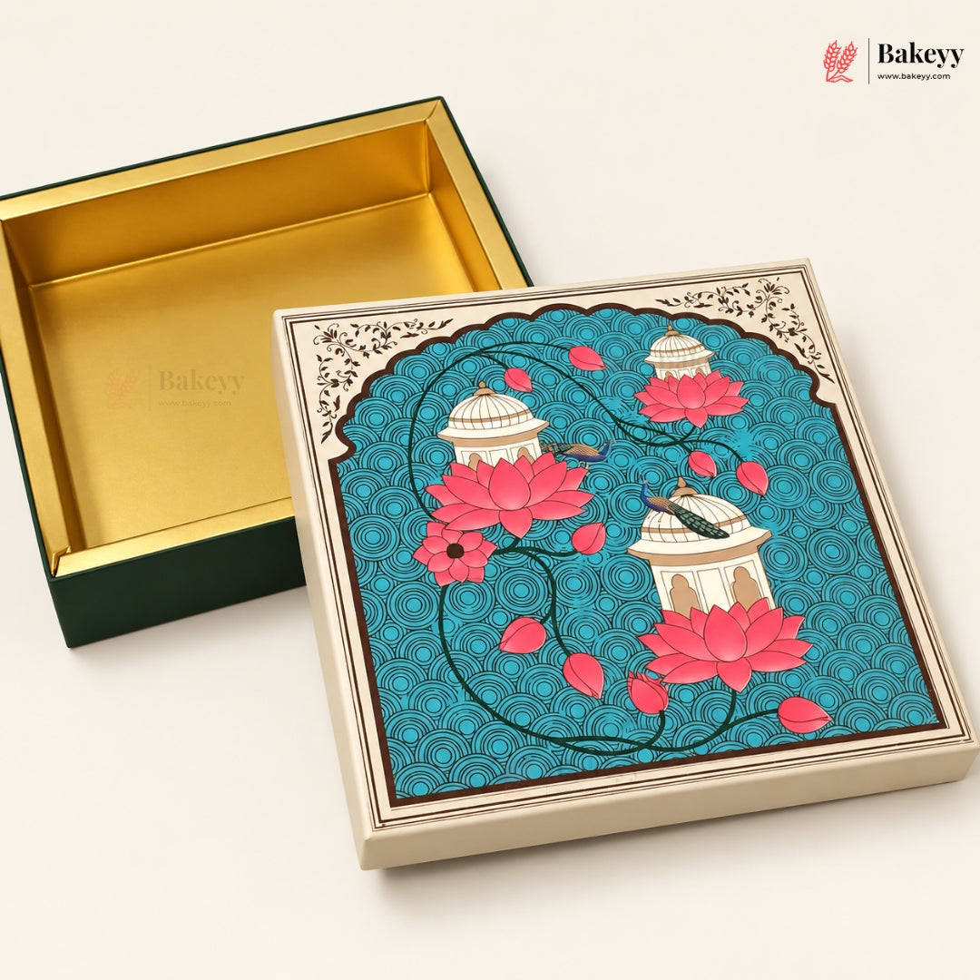 Teal Lotus & Dome Printed Sweet & Chocolate Gift Box | With & Without Cavity | Multiple Capacities | Pack of 4