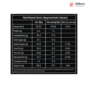 A black rectangular nutritional facts label with white text, showing per 100g and per 20g serving values for energy, protein, carbohydrates, sugars, fat, and sodium, with a Bakeey logo in the top right corner.