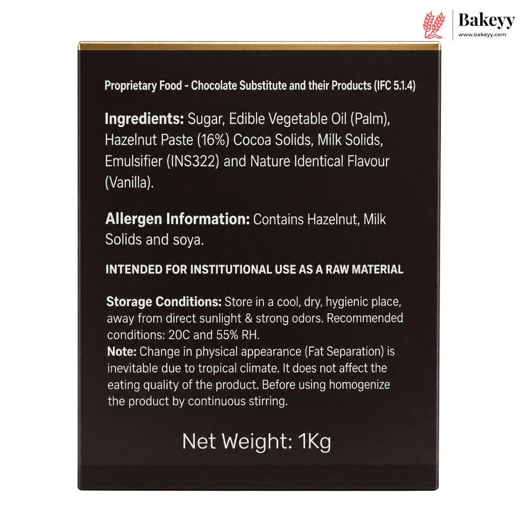 A 1kg chocolate substitute package label showing detailed product information, ingredients, allergen warnings, and storage conditions on a white background with the Bakeyy brand logo in the top right corner.