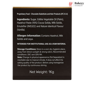 A 1kg chocolate substitute package label showing detailed product information, ingredients, allergen warnings, and storage conditions on a white background with the Bakeyy brand logo in the top right corner.