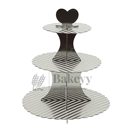 Three-tiered cupcake stand with a heart-shaped top on a white background, branded 'Bakeyy'.