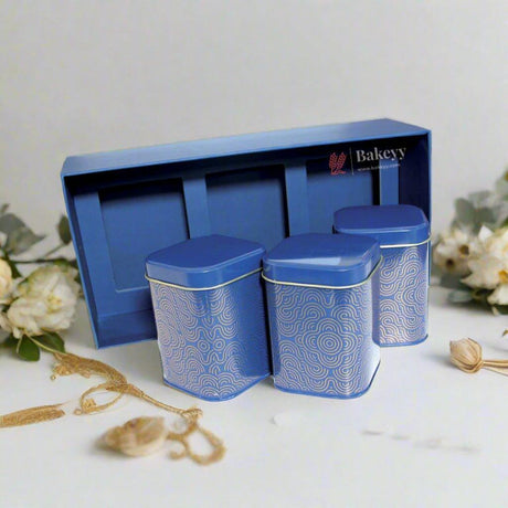 Three Tin Rigid Hamper Box - Bakeyy.com - India - Three Tin Rigid Hamper Box - Blue / Pack Of 1