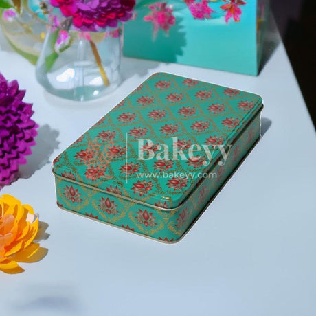 Return Gift Tin Box | Dry Fruit Box | Chocolate Box | Rectangle Large Tin | - Bakeyy.com - India - Return Gift Tin Box | Dry Fruit Box | Chocolate Box | Rectangle Large Tin | - Green