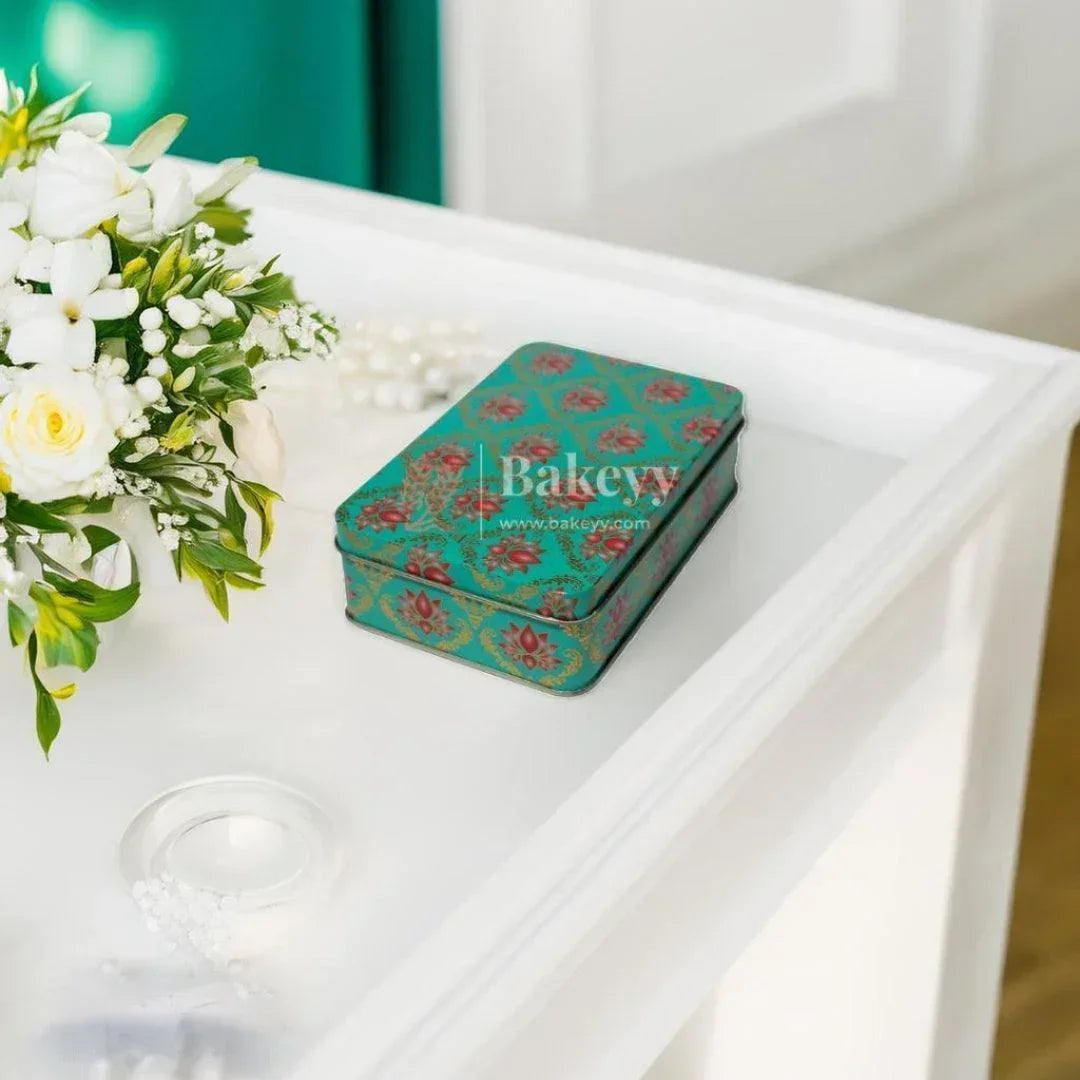 Return Gift Tin Box | Dry Fruit Box | Chocolate Box | Rectangle Small Tin | - Bakeyy.com - India - Return Gift Tin Box | Dry Fruit Box | Chocolate Box | Rectangle Small Tin | - Green