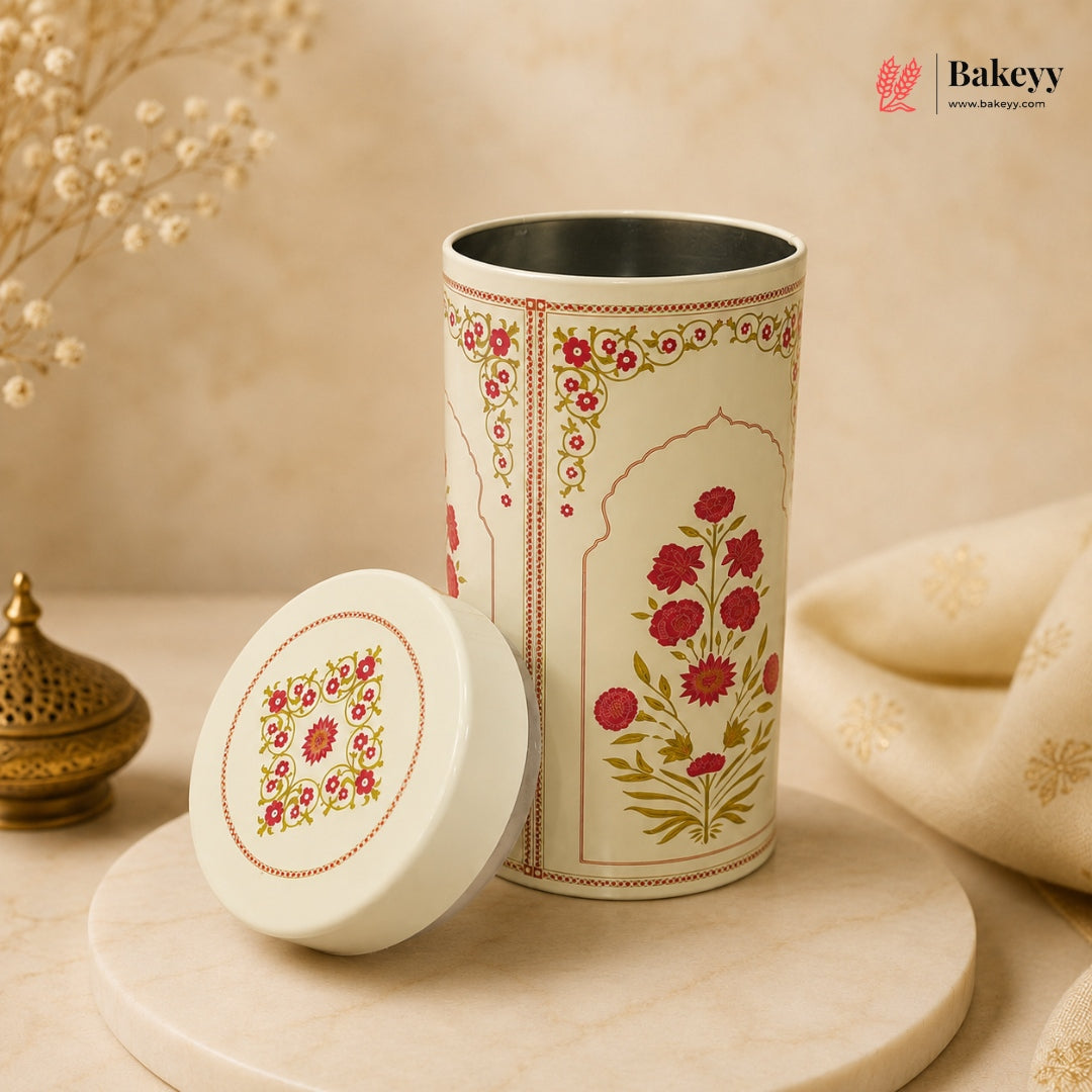 Decorative tumbler with floral patterns on a beige background, featuring the Bakeyy brand.