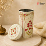 Decorative tumbler with floral patterns on a beige background, featuring the Bakeyy brand.