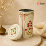 Decorative tumbler with floral patterns on a beige background, featuring the Bakeyy brand.