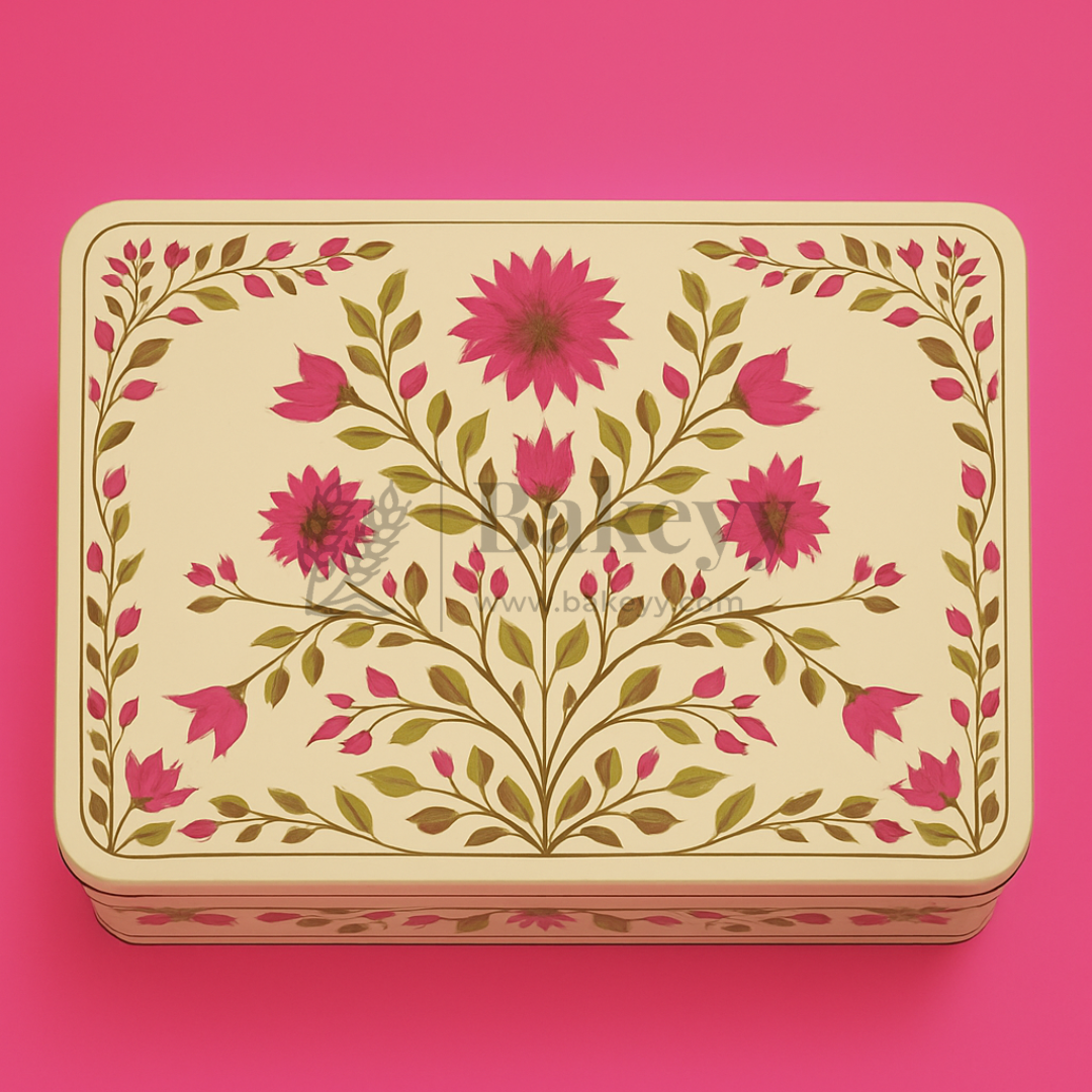 9x5.5x2 Inch | Premium Elegant Rectangle Floral Square Tin Box – Pink & Gold Accents | Pack of 2