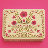 9x5.5x2 Inch | Premium Elegant Rectangle Floral Square Tin Box – Pink & Gold Accents | Pack of 2