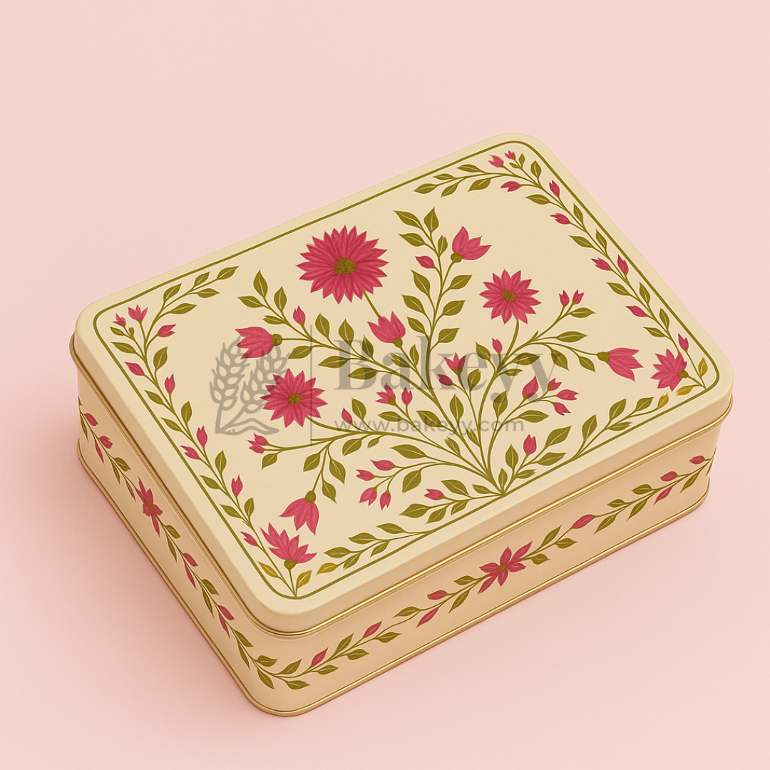 9x5.5x2 Inch | Premium Elegant Rectangle Floral Square Tin Box – Pink & Gold Accents | Pack of 2