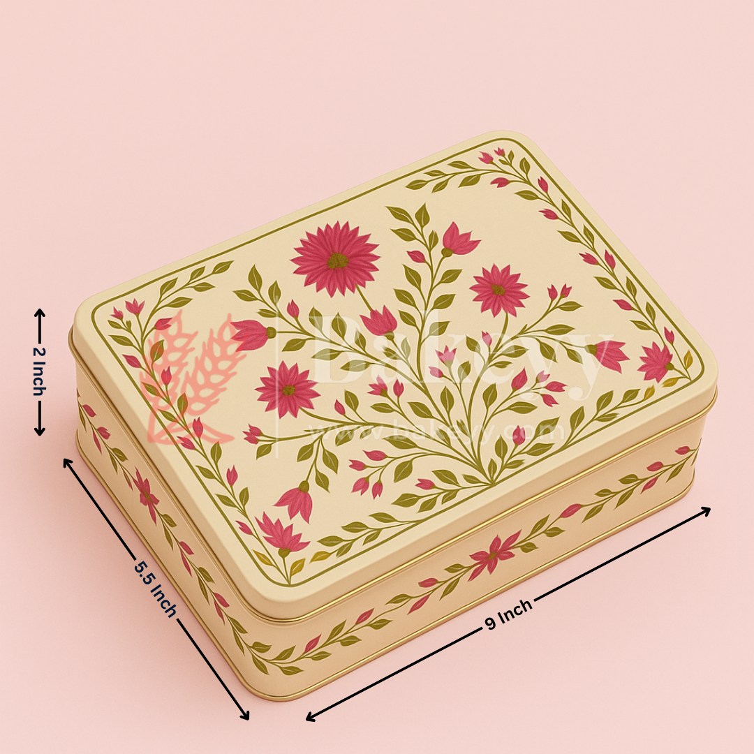 9x5.5x2 Inch | Premium Elegant Rectangle Floral Square Tin Box – Pink & Gold Accents | Pack of 2