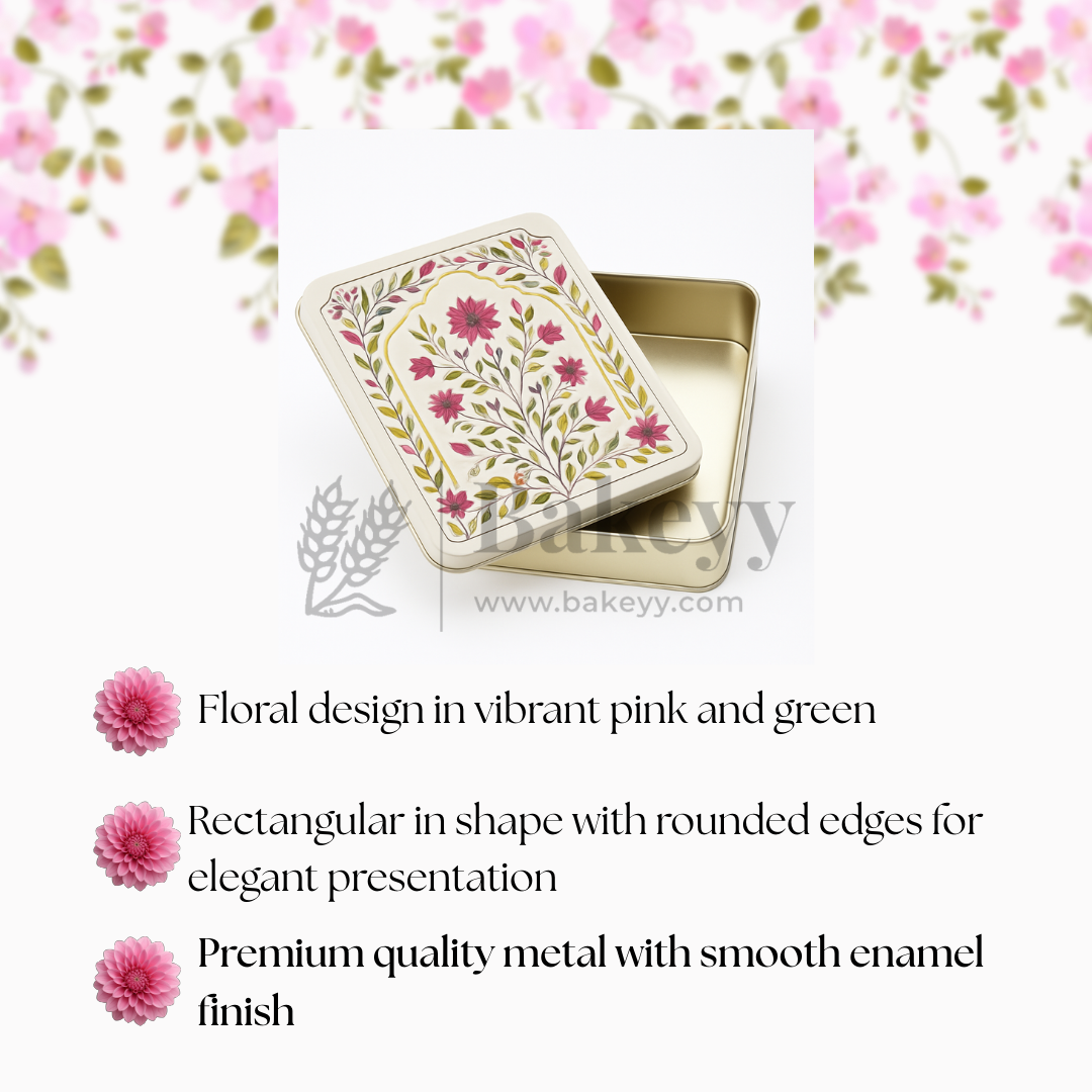 9x5.5x2 Inch | Premium Elegant Rectangle Floral Square Tin Box – Pink & Gold Accents | Pack of 2