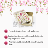 9x5.5x2 Inch | Premium Elegant Rectangle Floral Square Tin Box – Pink & Gold Accents | Pack of 2