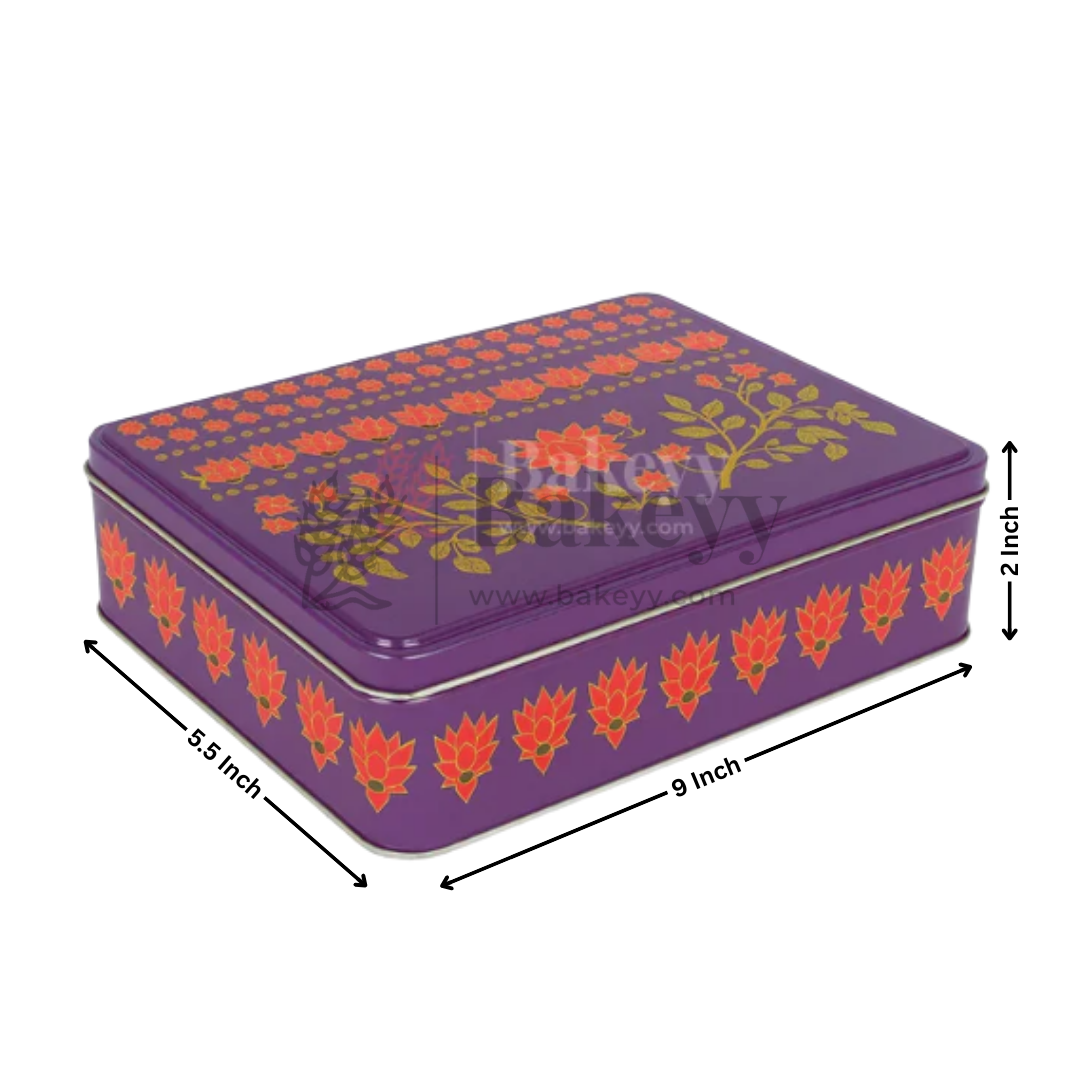 9x5.5x2 Inch | Premium Floral Printed Square Tin Box | Purple Floral Printed | Gift Box for Chocolates, Dry Fruits, Sweets | Pack Of 2