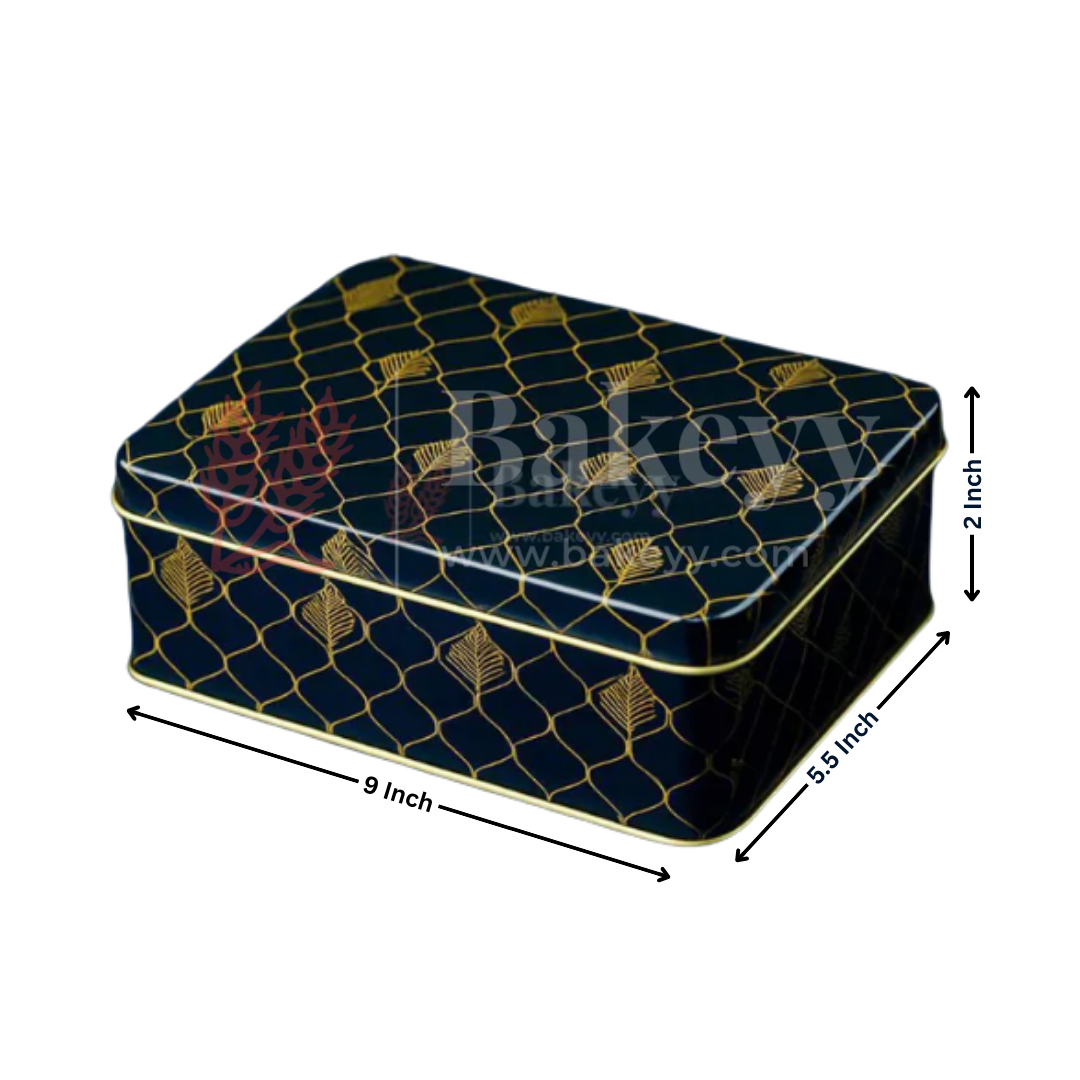 9x5.5x2 Inch | Premium Black & Gold Rectangle Metal Gift Tin Box – Elegant Reusable Packaging | Pack of 2