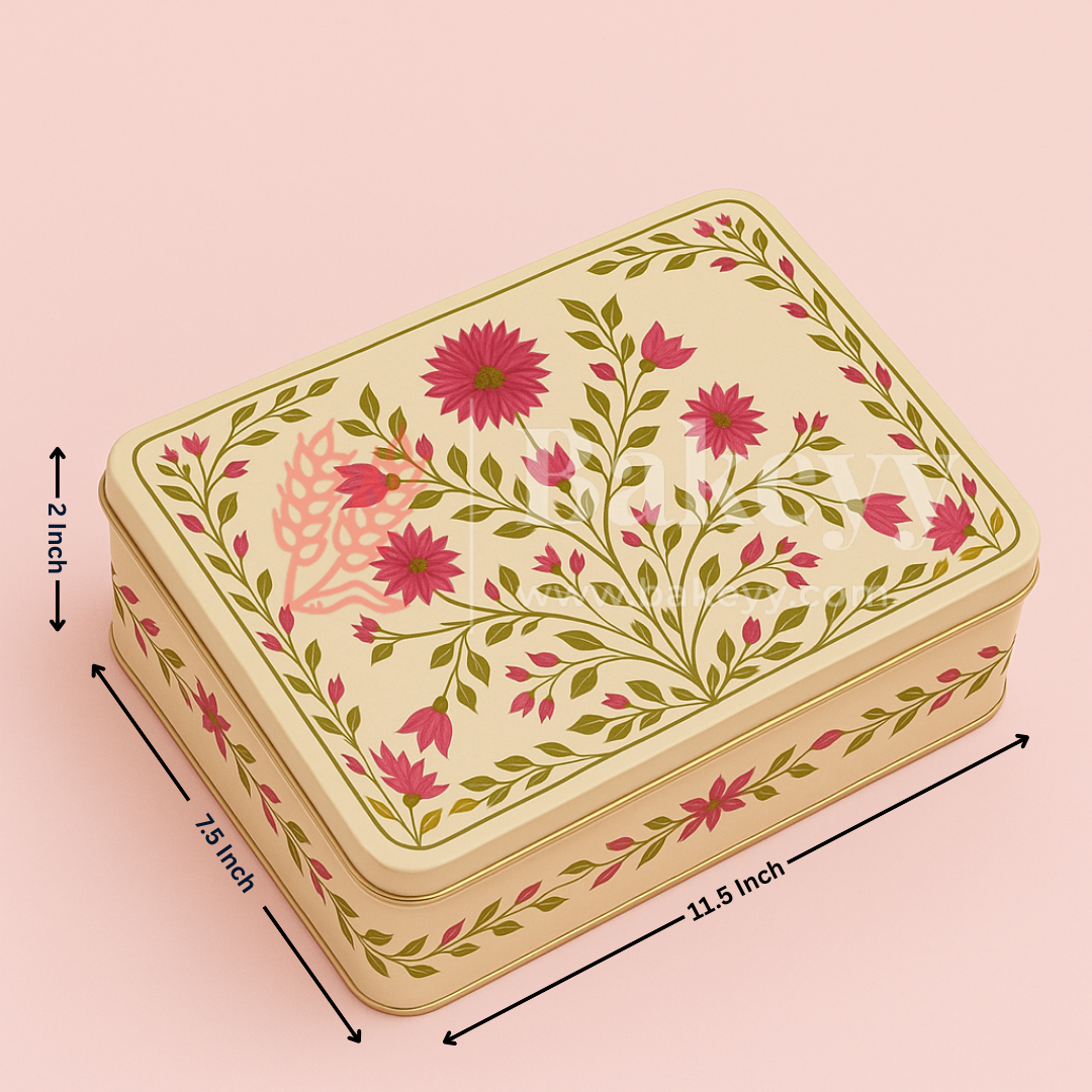 11.5x7.5x2 Inch | Premium Elegant Rectangle Floral Square Tin Box – Pink & Gold Accents | Pack of 2