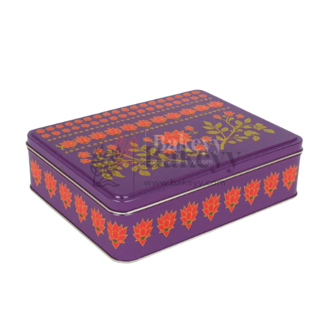9x5.5x2 Inch | Premium Floral Printed Square Tin Box | Purple Floral Printed | Gift Box for Chocolates, Dry Fruits, Sweets | Pack Of 2