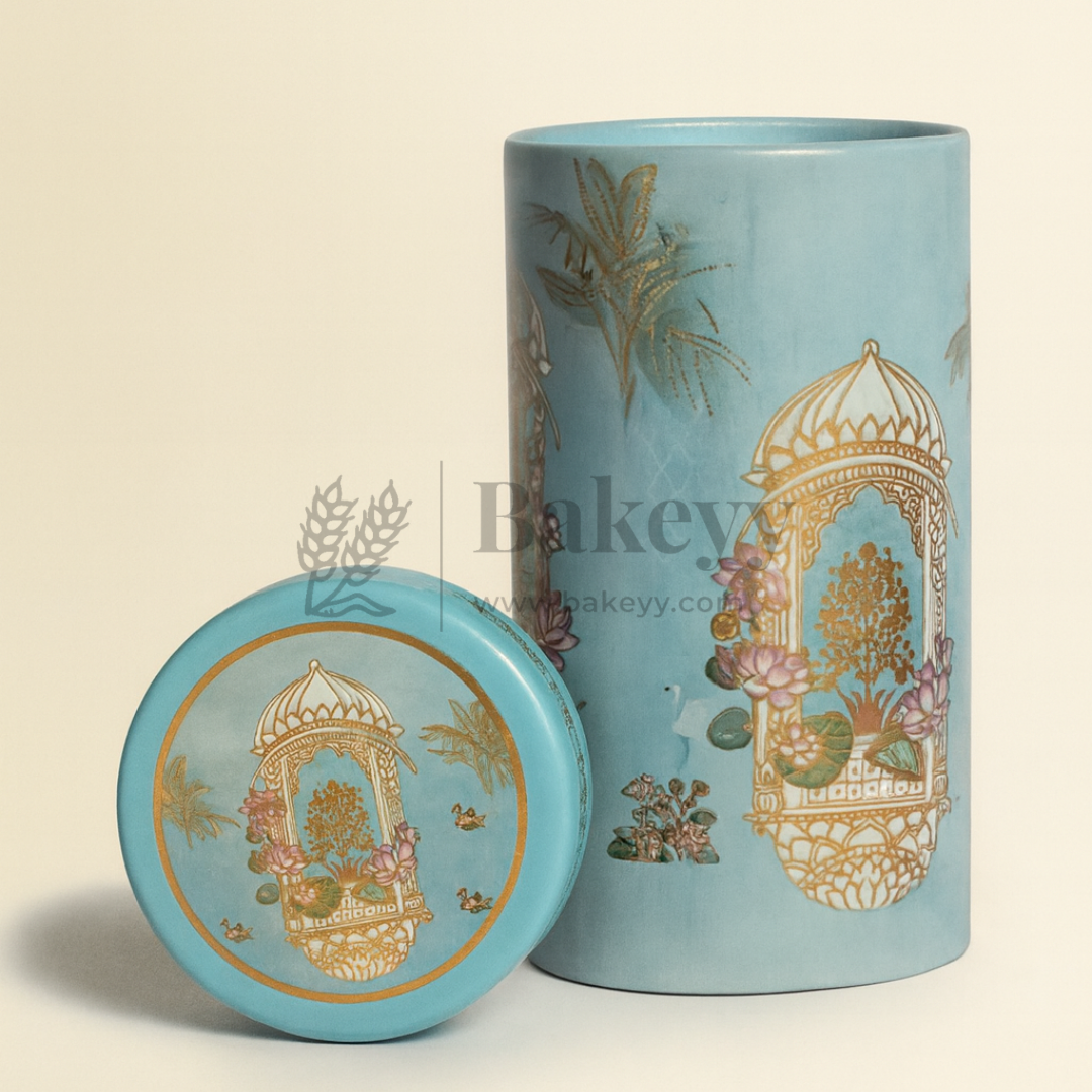7x15 cm | Elegant Light Blue Floral Storage Tin Jar with Golden Arch Motif | Pack of 1