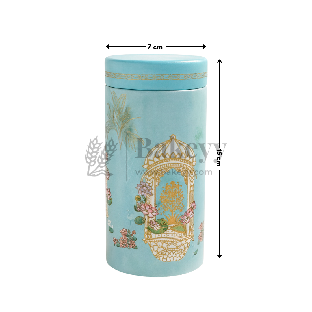 7x15 cm | Elegant Light Blue Floral Storage Tin Jar with Golden Arch Motif | Pack of 1