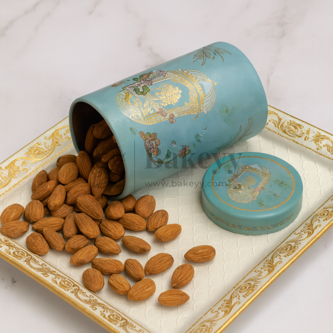 7x15 cm | Elegant Light Blue Floral Storage Tin Jar with Golden Arch Motif | Pack of 1