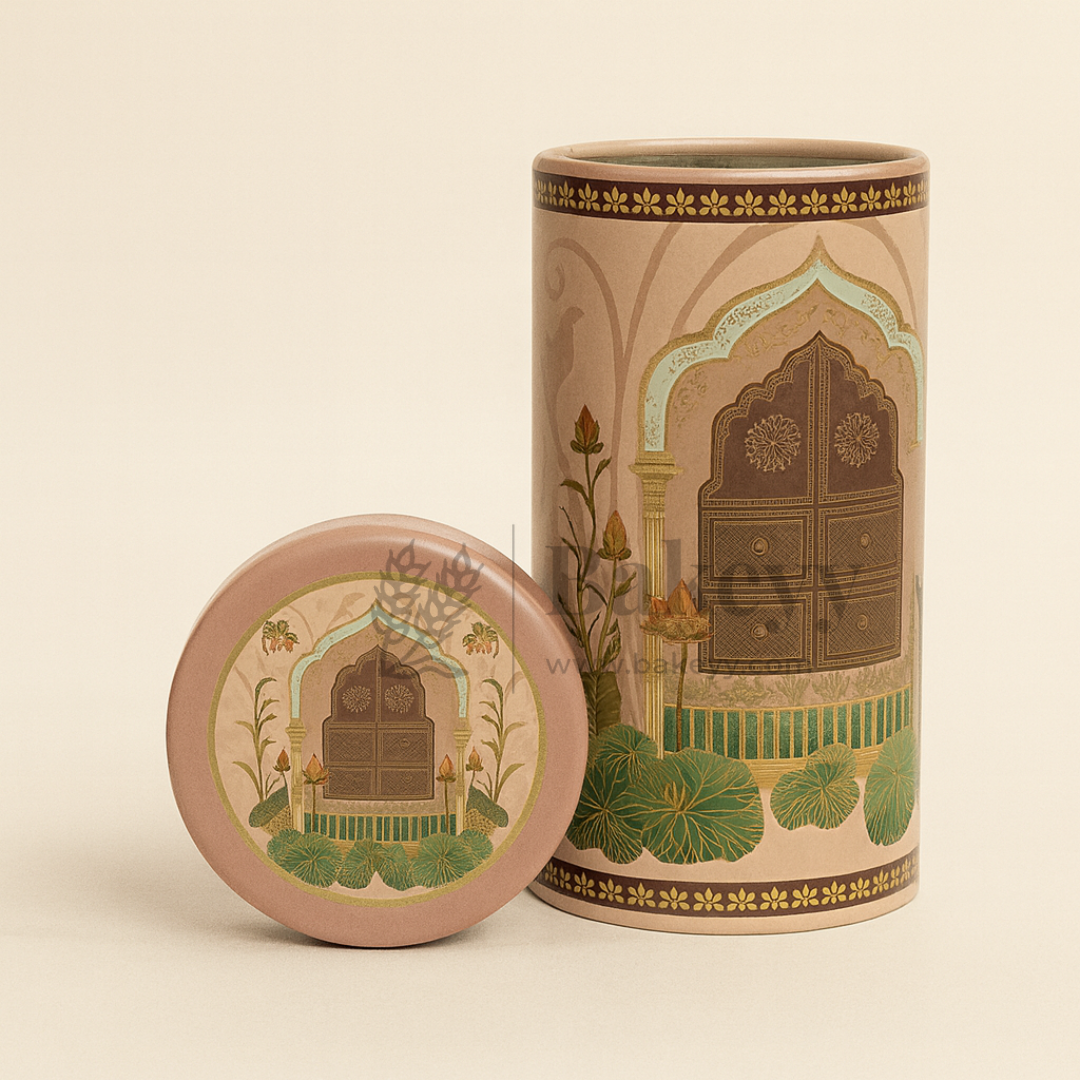 7x15 cm | Premium Brown & Rose Cylindrical Tin Box with Floral Arch Design | Pack of 1