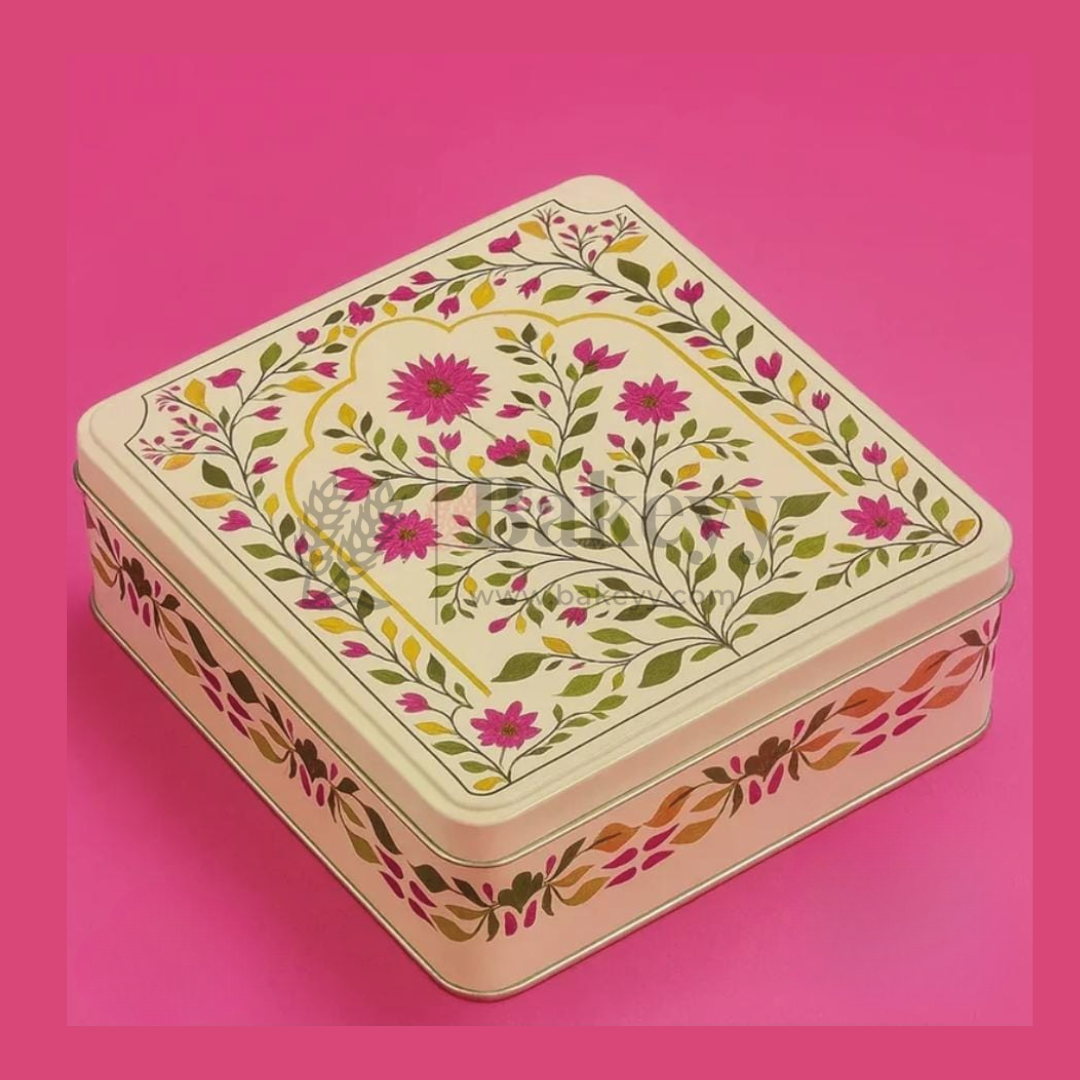 7.75x7.75x3 Inch | Square Premium Elegant Floral Square Tin Box – Pink & Gold Accents| Pack of 2