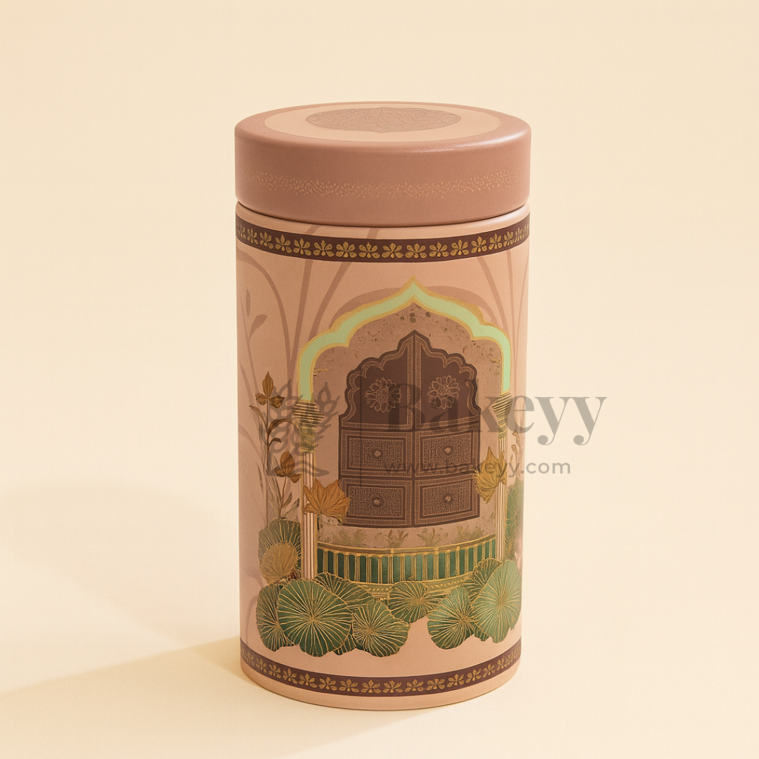 7x15 cm | Premium Brown & Rose Cylindrical Tin Box with Floral Arch Design | Pack of 1
