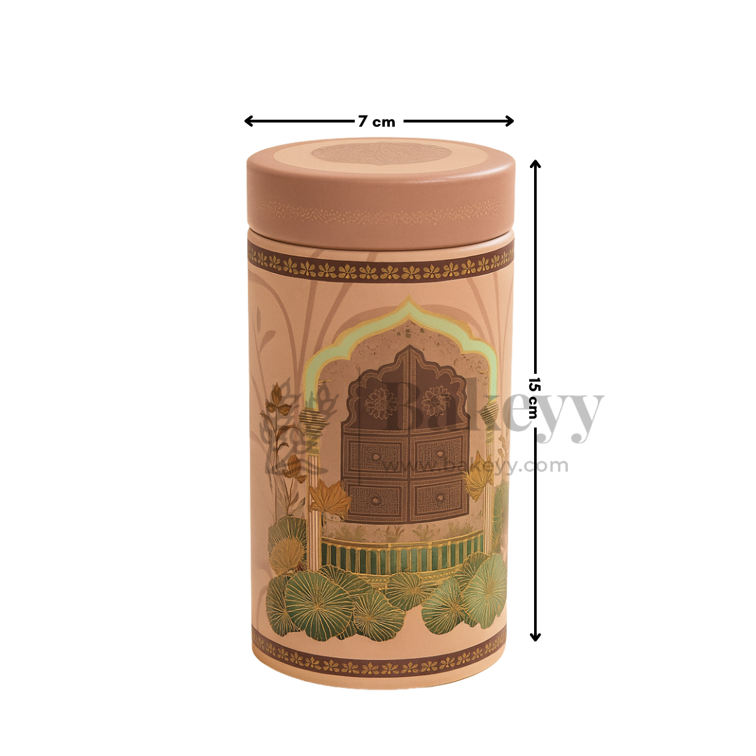 7x15 cm | Premium Brown & Rose Cylindrical Tin Box with Floral Arch Design | Pack of 1