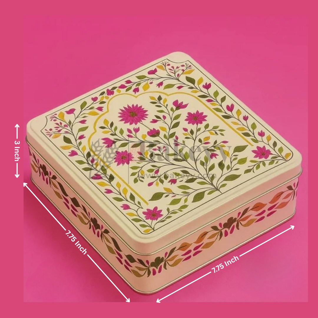 7.75x7.75x3 Inch | Square Premium Elegant Floral Square Tin Box – Pink & Gold Accents| Pack of 2
