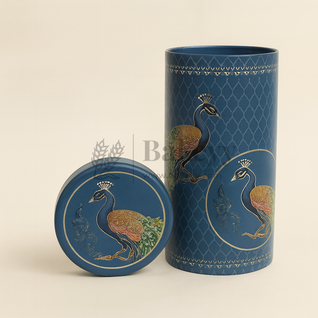 6x14 cm | Royal Blue Peacock Design Premium Storage Tin | Pack of 1