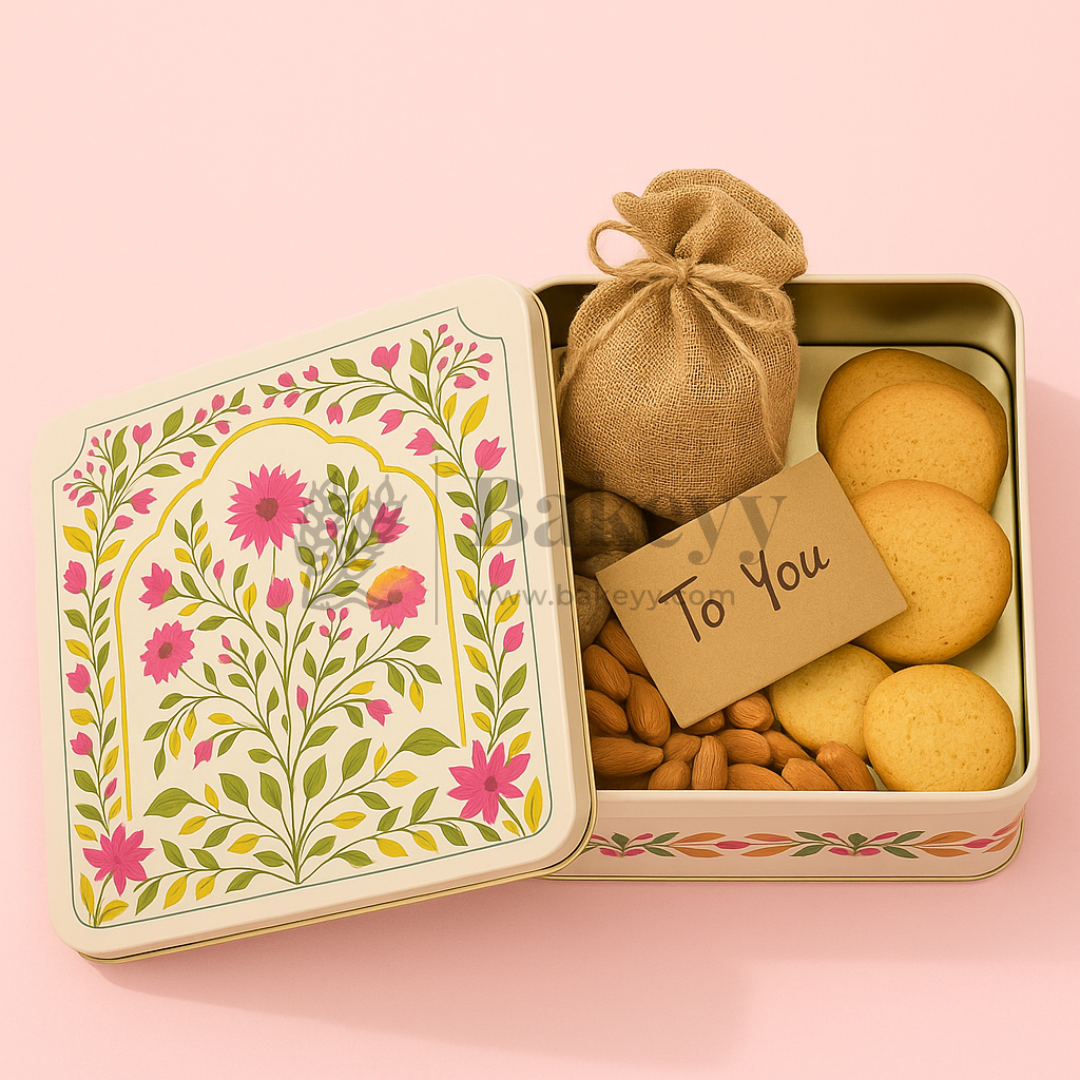 9x5.5x2 Inch | Premium Elegant Rectangle Floral Square Tin Box – Pink & Gold Accents | Pack of 2