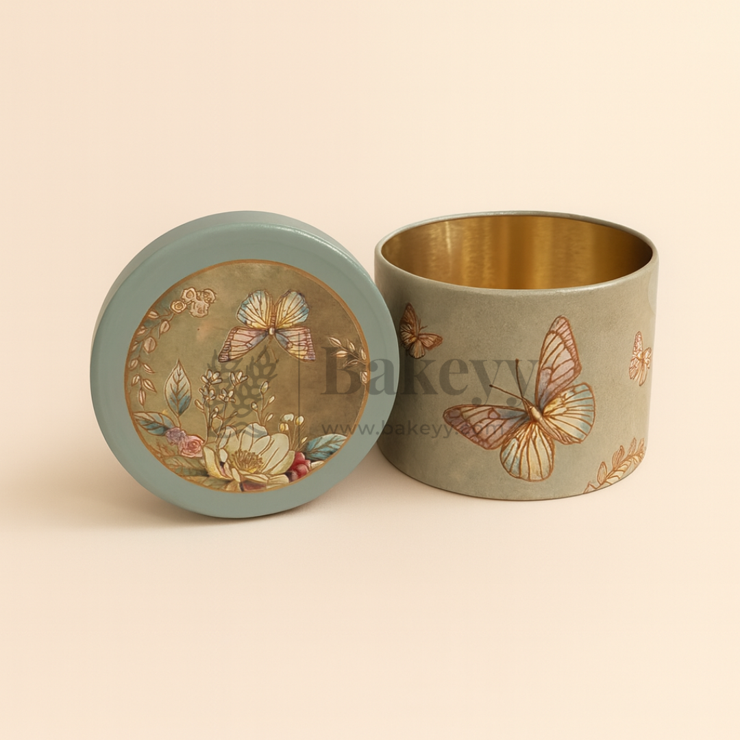 8.5x8 cm | Grey Floral Butterfly Design Premium Storage Tin | Pack of 1