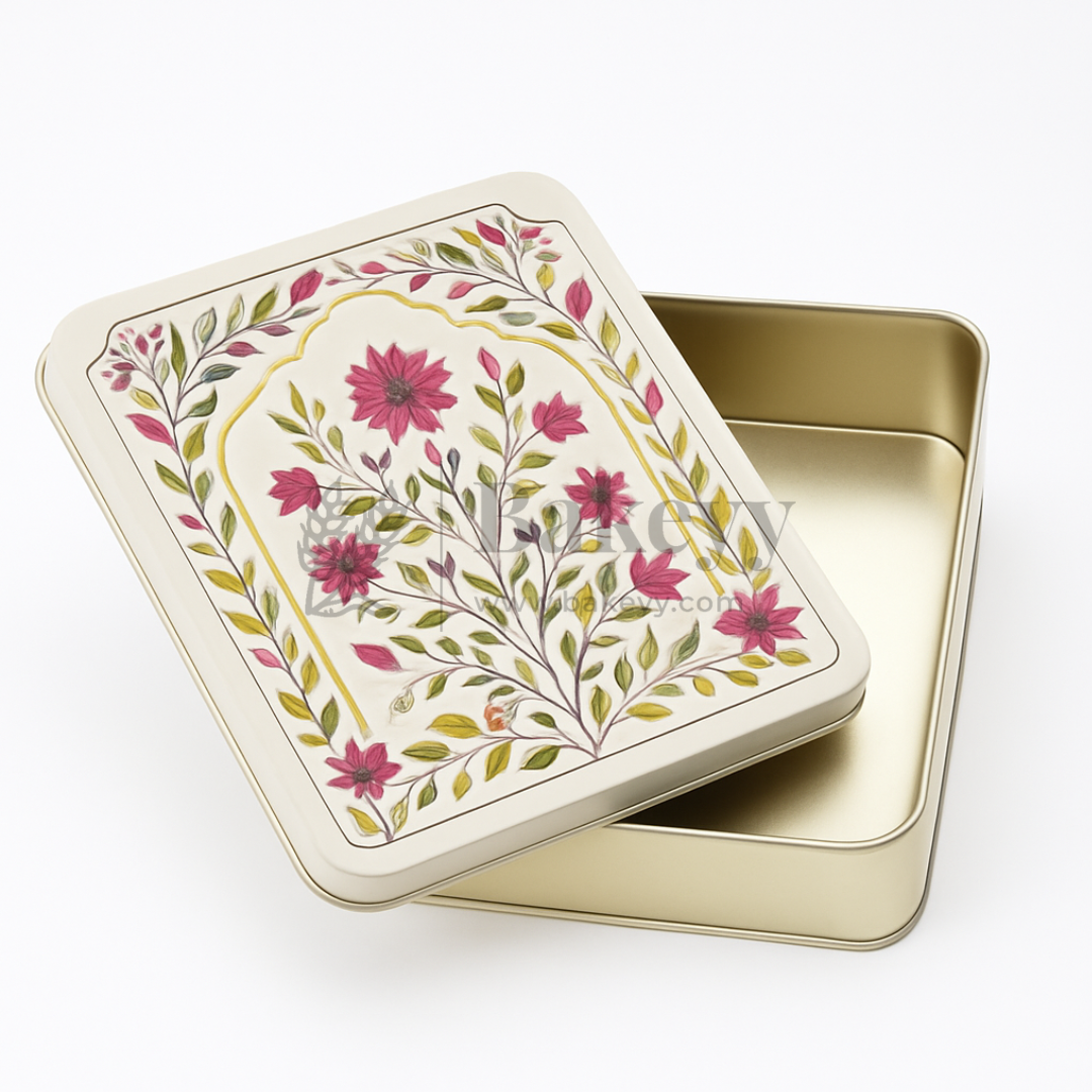 9x5.5x2 Inch | Premium Elegant Rectangle Floral Square Tin Box – Pink & Gold Accents | Pack of 2