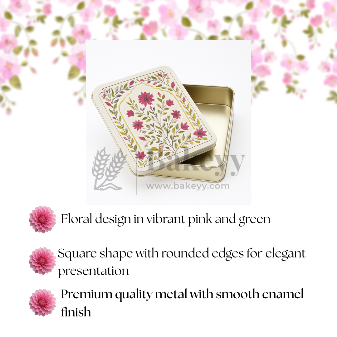 7.75x7.75x3 Inch | Square Premium Elegant Floral Square Tin Box – Pink & Gold Accents| Pack of 2