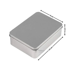 Rectangular silver tin box with lid, 12x9x4 cm, for bakeyy.com gift packaging or hampers