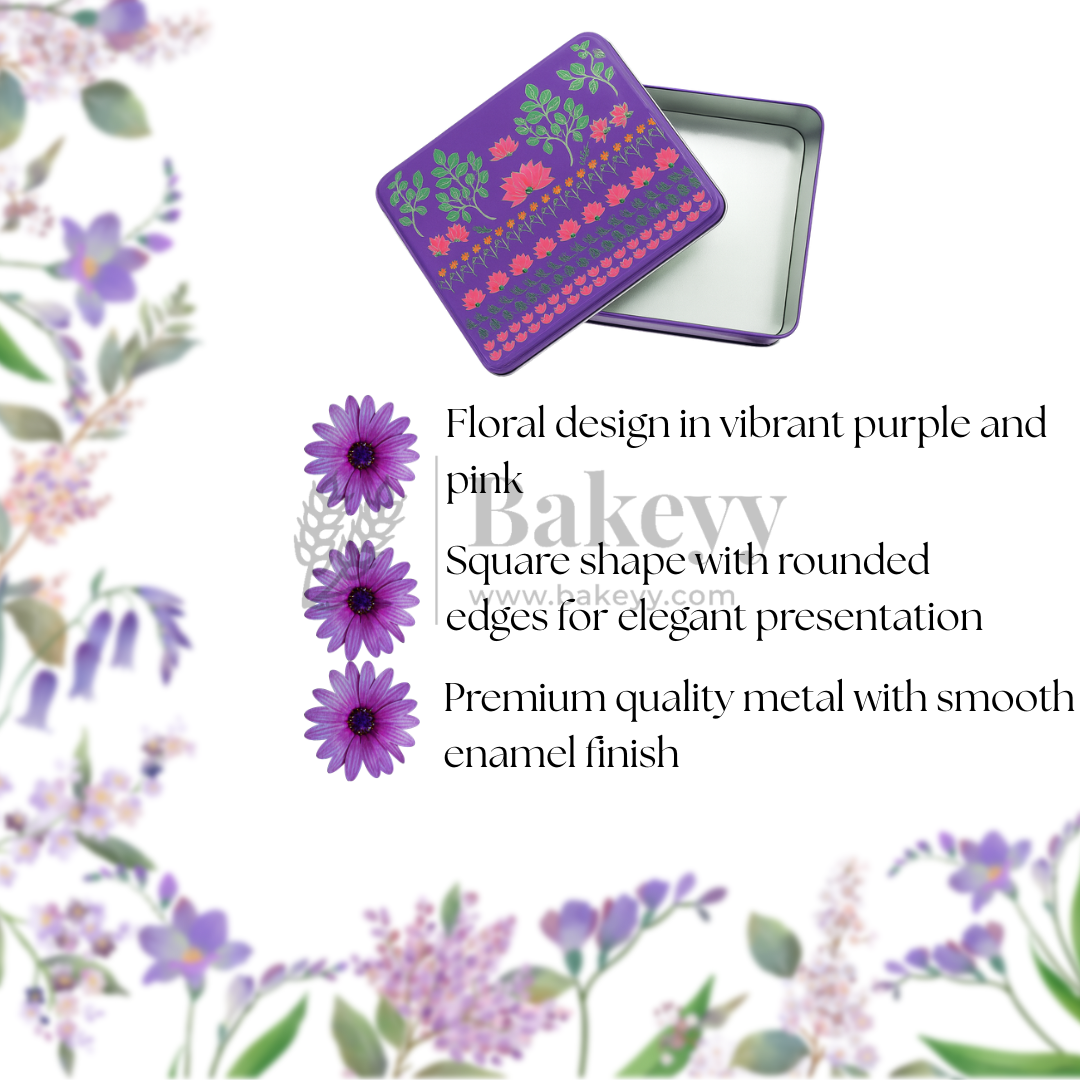 7.75x7.75x3 Inch | Premium Floral Printed Square Tin Box | Purple Floral Printed | Gift Box for Chocolates, Dry Fruits, Sweets | Pack Of 2
