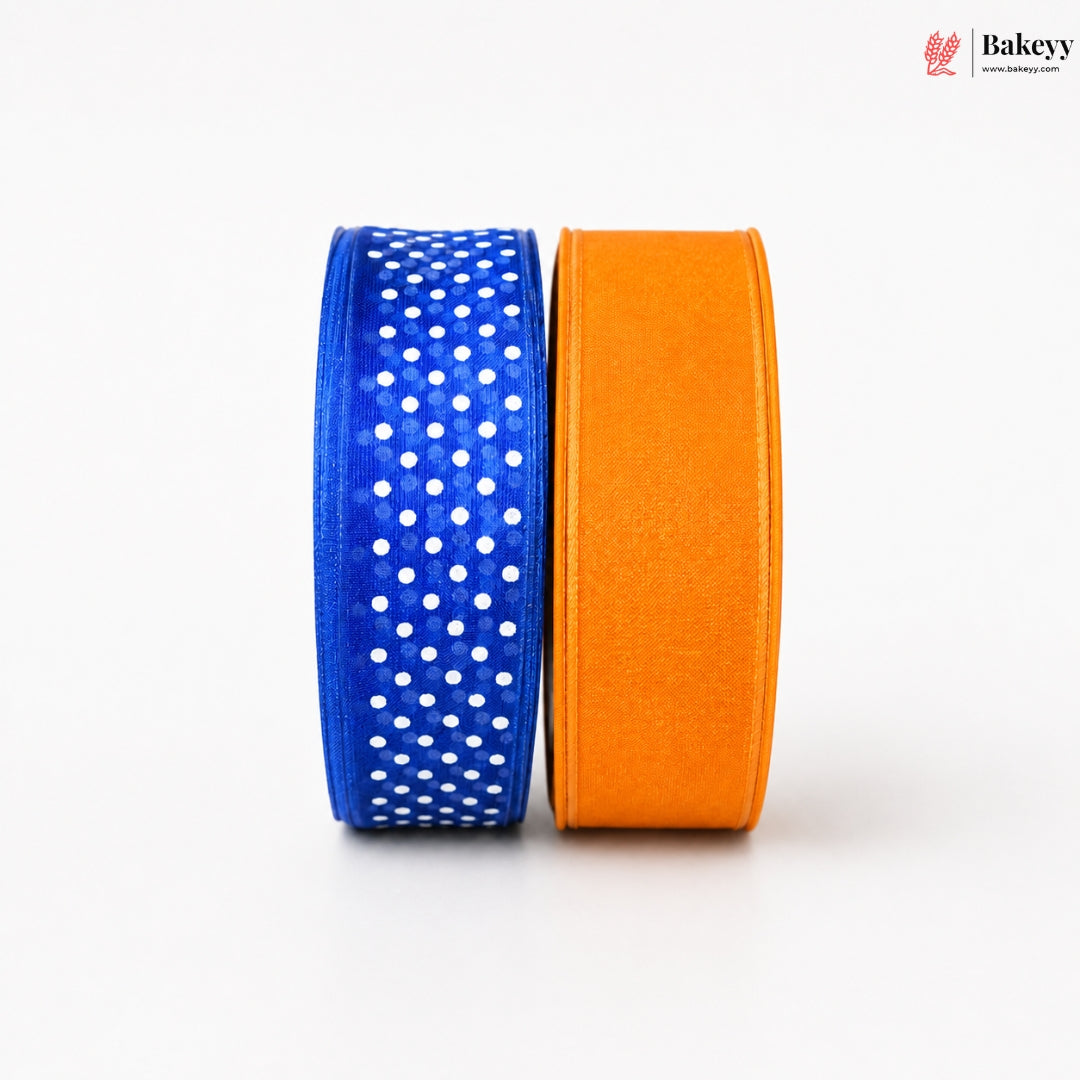 Two ribbons, one blue with white polka dots and one orange, on a white background. Brand 'Bakeyy' is visible.