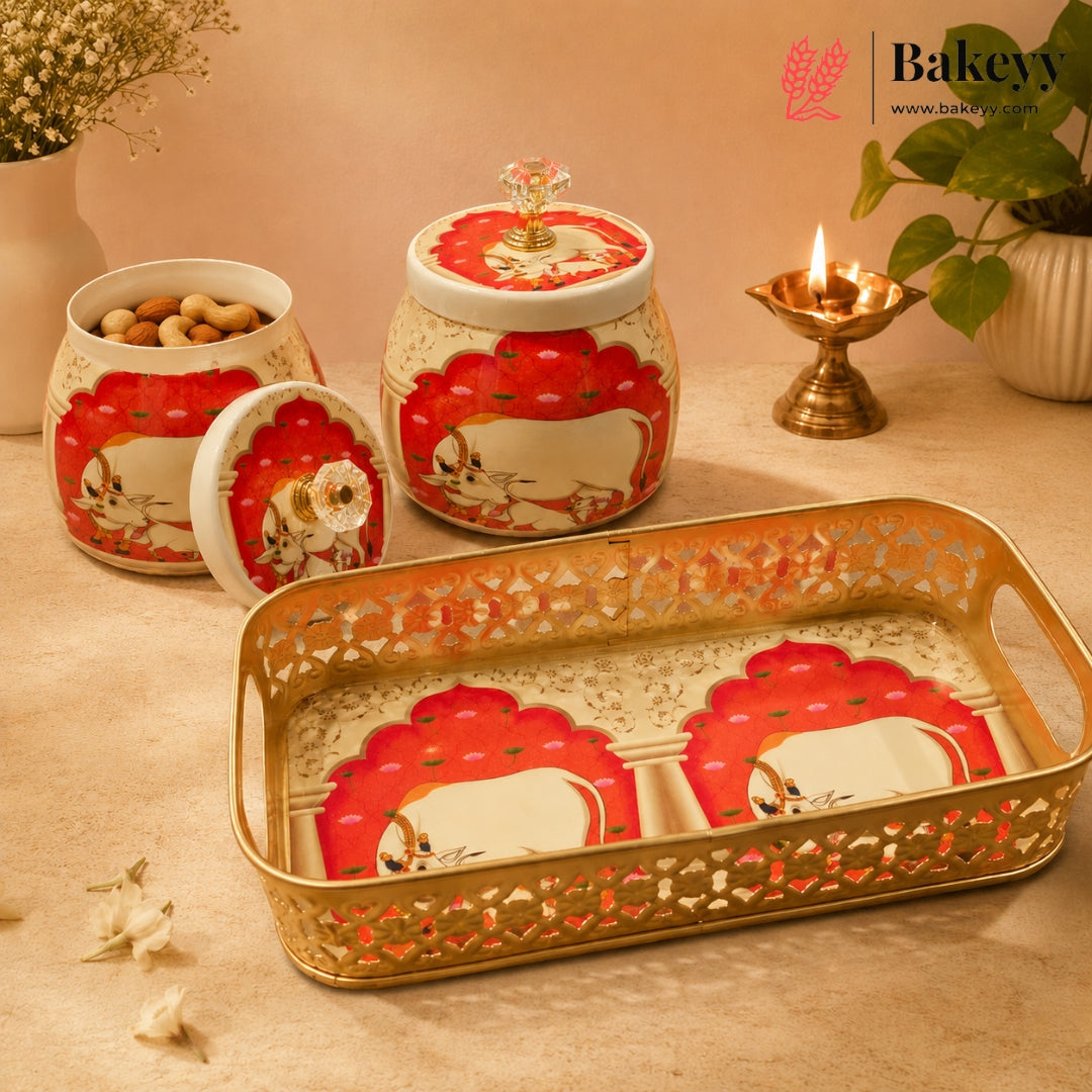 9x5 Inch Red Pichwai Cow Jar Set with Gold Cutwork Tray | Pack of 1