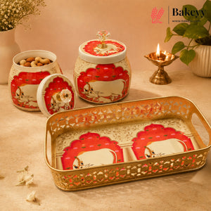 9x5 Inch Red Pichwai Cow Jar Set with Gold Cutwork Tray | Pack of 1