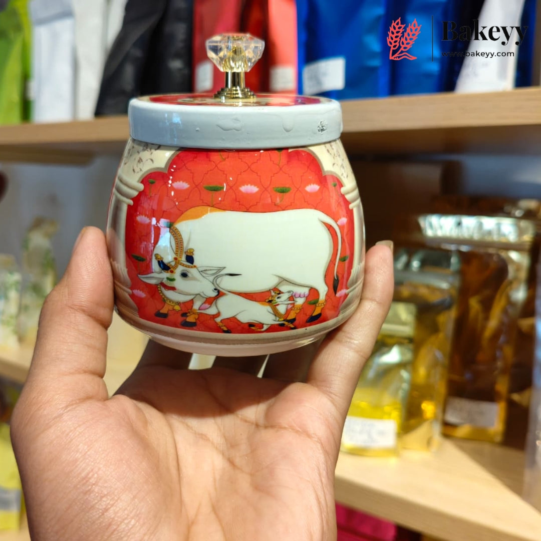 9x5 Inch Red Pichwai Cow Jar Set with Gold Cutwork Tray | Pack of 1