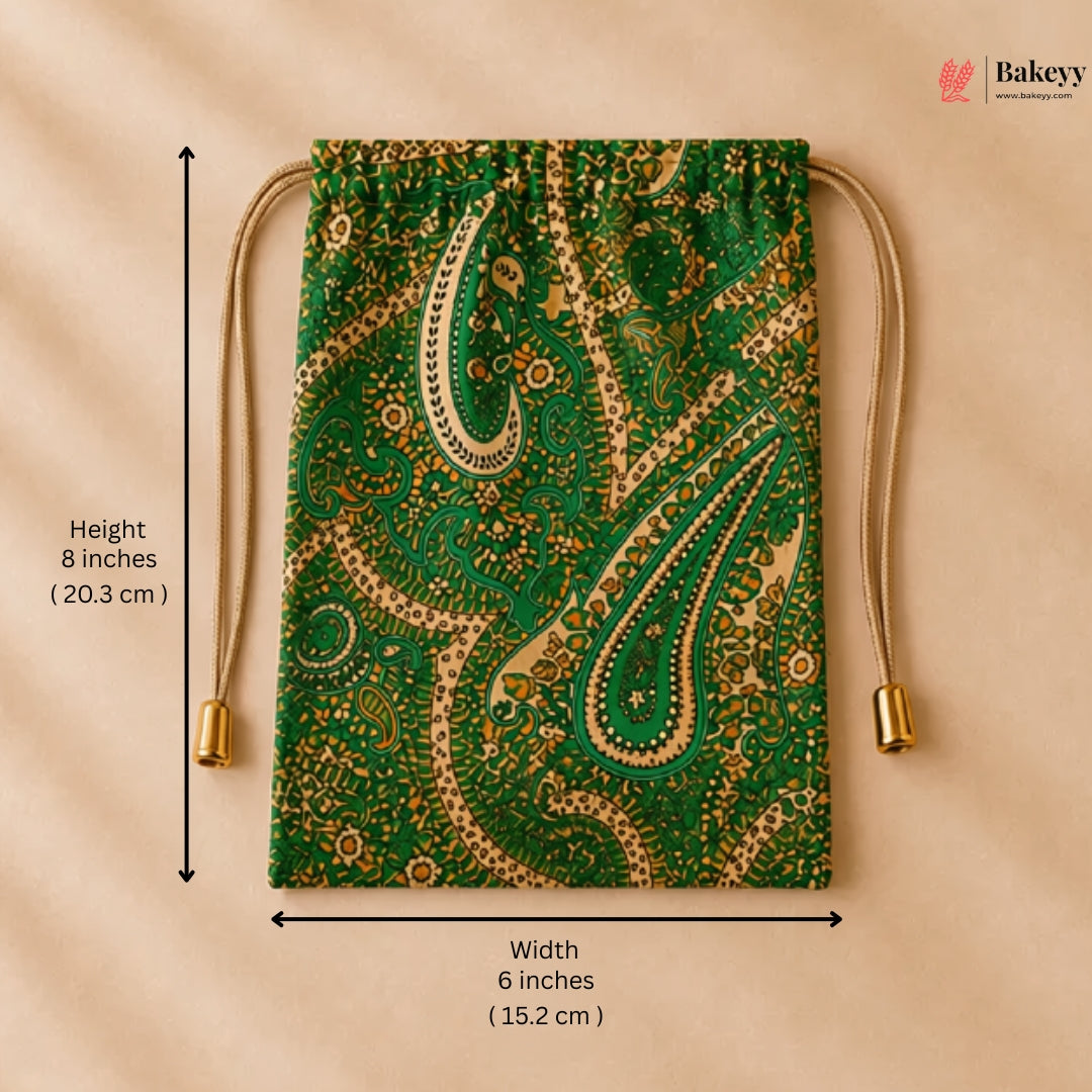 A green drawstring pouch with a beige and gold paisley pattern, shown with dimension lines indicating a height of 8 inches (20.3 cm) and a width of 6 inches (15.