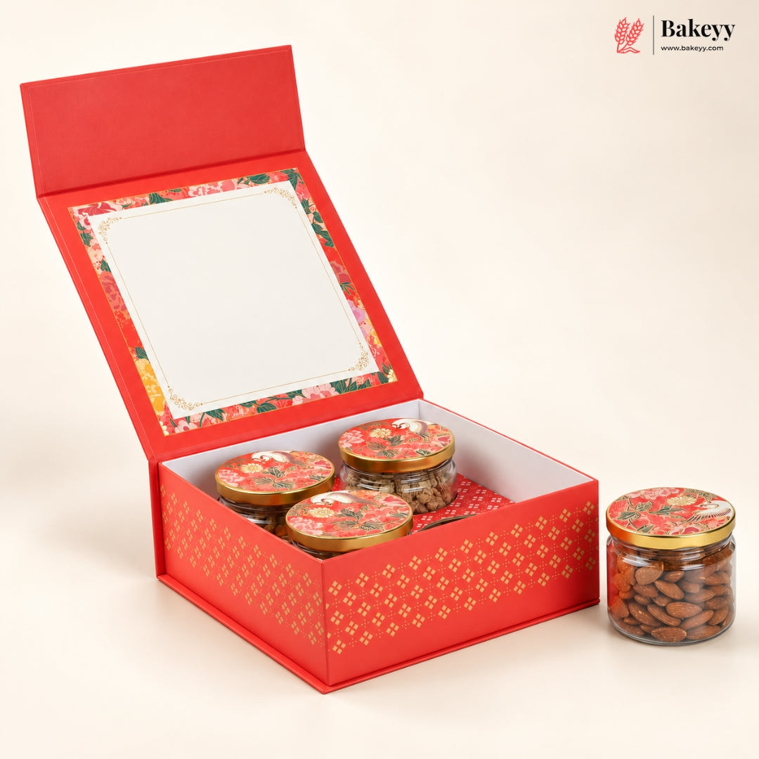 Traditional Printed Hamper Box with 4 Glass Jars | Magnetic Closure | 3 Designs | Pack of 1